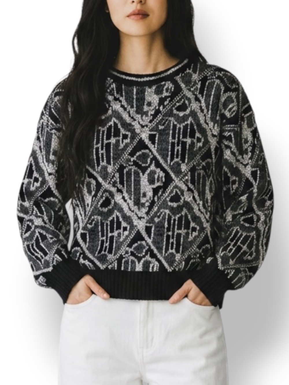 4/$20 JON 1 E Vintage 80s Geometric Abstract Knit Sweater Black Gray Large